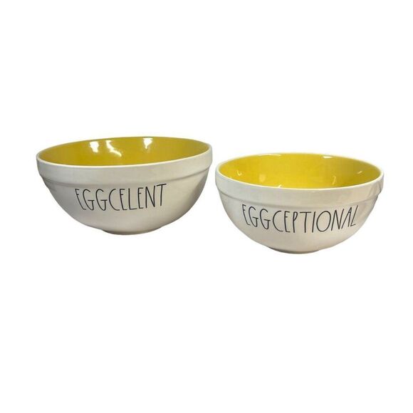 Rae Dunn Magenta Eggcellent & Eggceptional Egg Nesting Ceramic Bowls Set Yellow - Picture 1 of 16